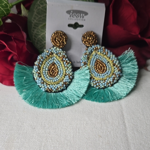icon collection Jewelry - Turquoise Fringe Pierced Earrings w/Bronze & Blue Hues Seed Beads NWOT